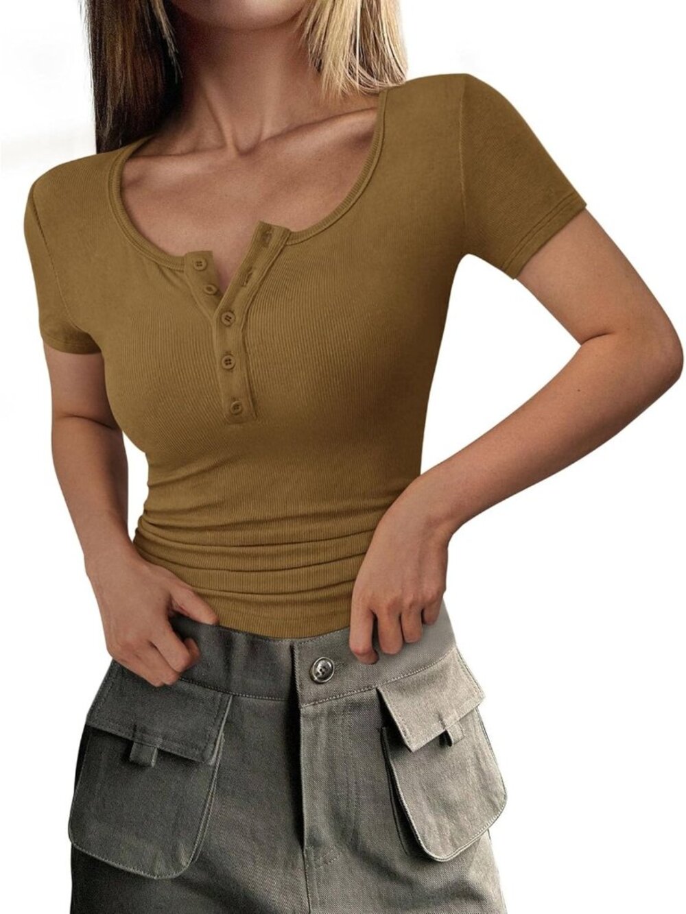 Women's Brown Camel Short Sleeve Ribbed Henley Button Slim Fit Casual T Shirts
